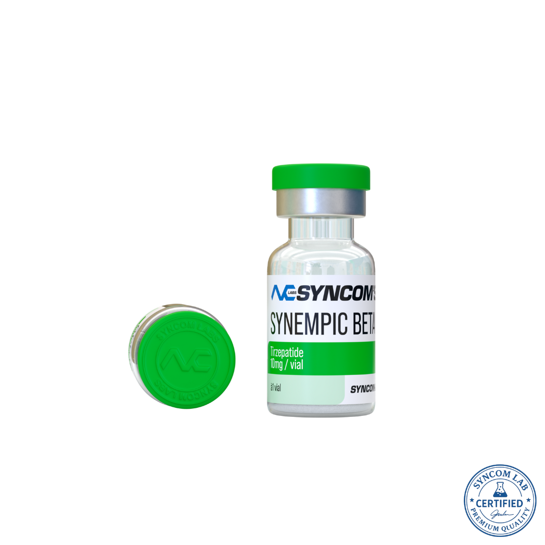 Vial labeled 'SYNCOM' with green cap on a white background
