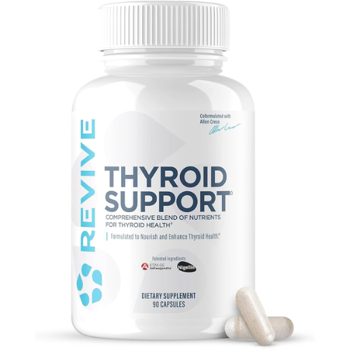 A bottle of Revive Thyroid Support dietary supplement with some capsules displayed in front of it. The label on the bottle indicates that it contains 90 vegetarian capsules and is formulated to support thyroid health.